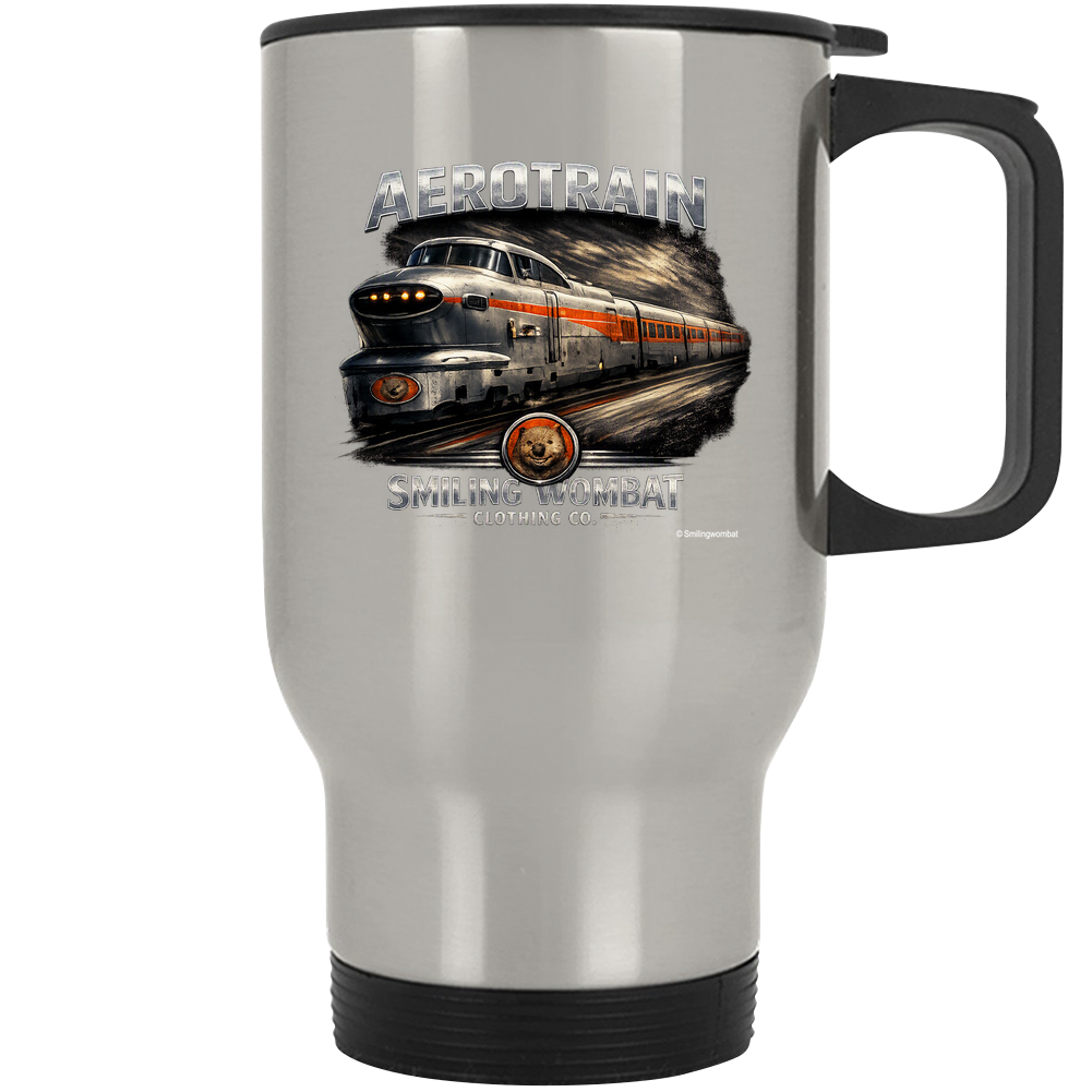 Aerotrain 14 oz stainless steel travel mug with bold distressed vintage train artwork from Smiling Wombat Famous Trains series