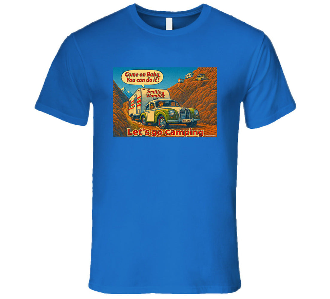 - “Smiling Wombat RV T-shirt featuring vintage-style car towing trailer up mountain with ‘Come on Baby’ slogan”