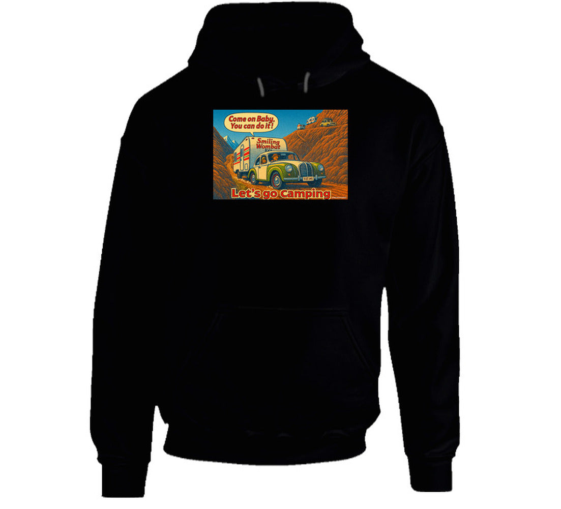 - “Funny road trip hoodie featuring Smiling Wombat RV scene and bold ‘Let’s Go Camping’ graphic”