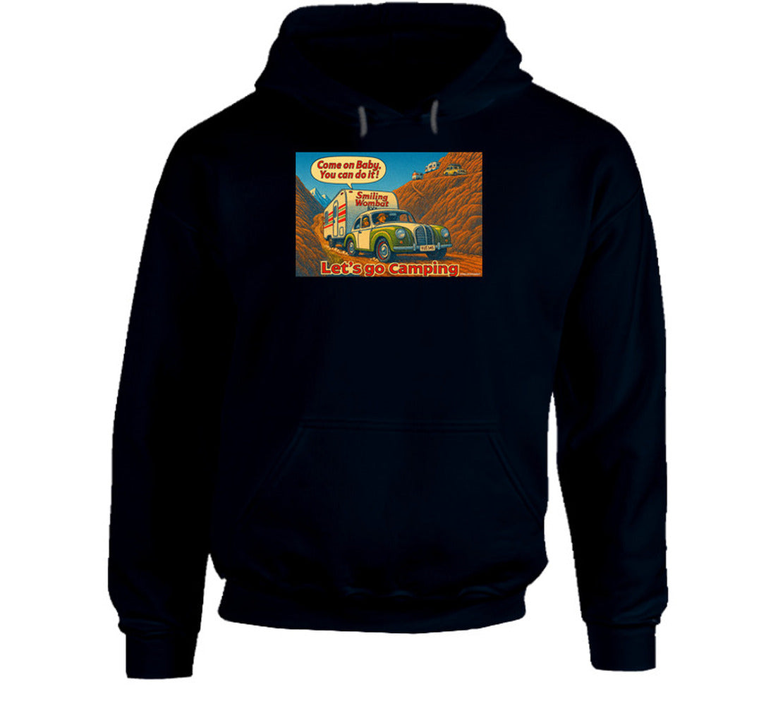 - “Funny road trip hoodie featuring Smiling Wombat RV scene and bold ‘Let’s Go Camping’ graphic”