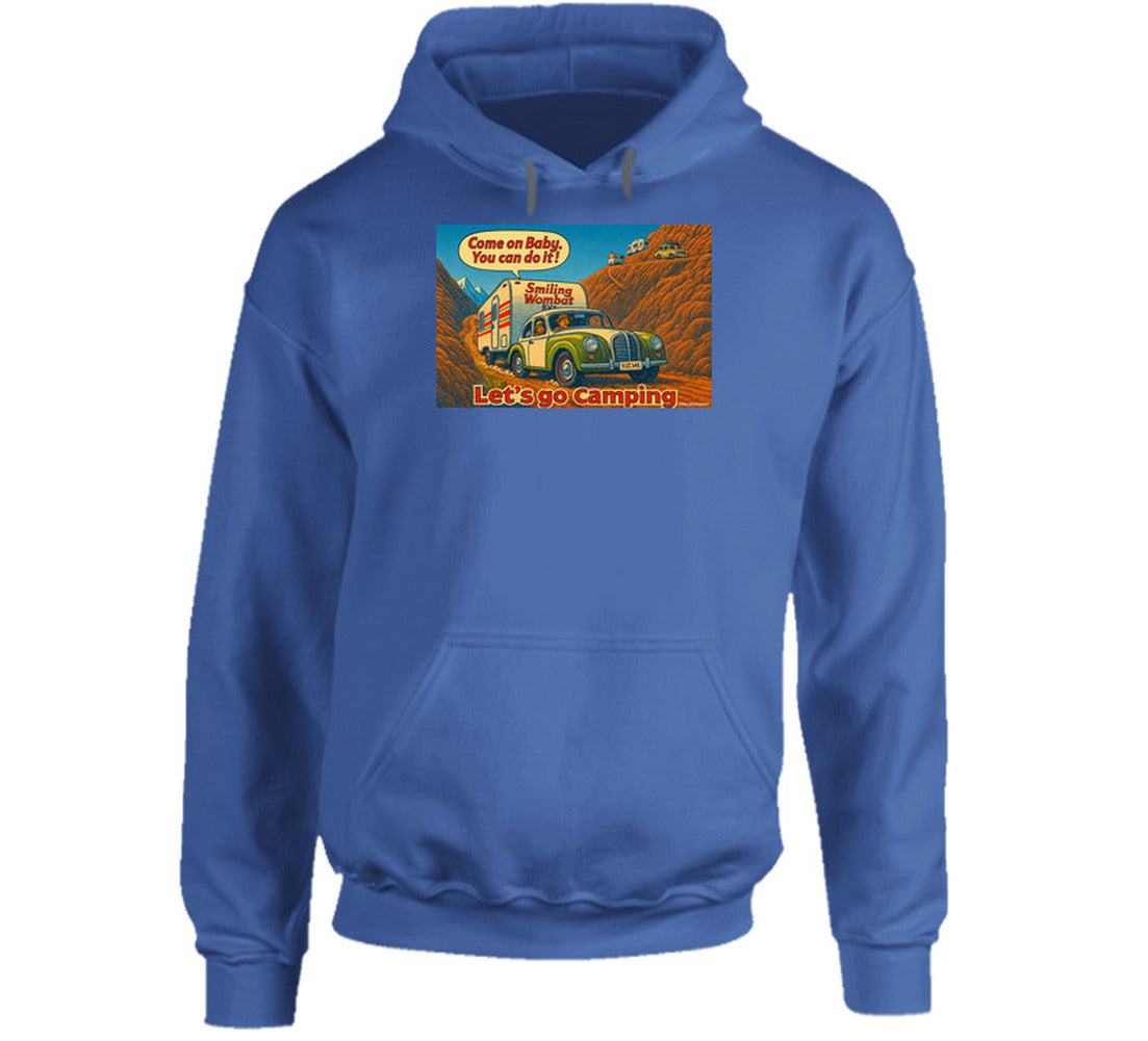 - “Funny road trip hoodie featuring Smiling Wombat RV scene and bold ‘Let’s Go Camping’ graphic”