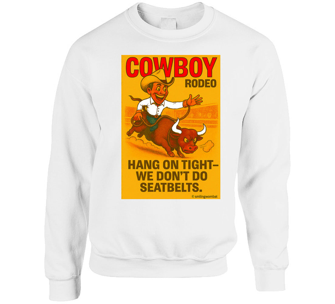 "Funny rodeo sweatshirt – bucking bull cartoon with cowboy and arena"