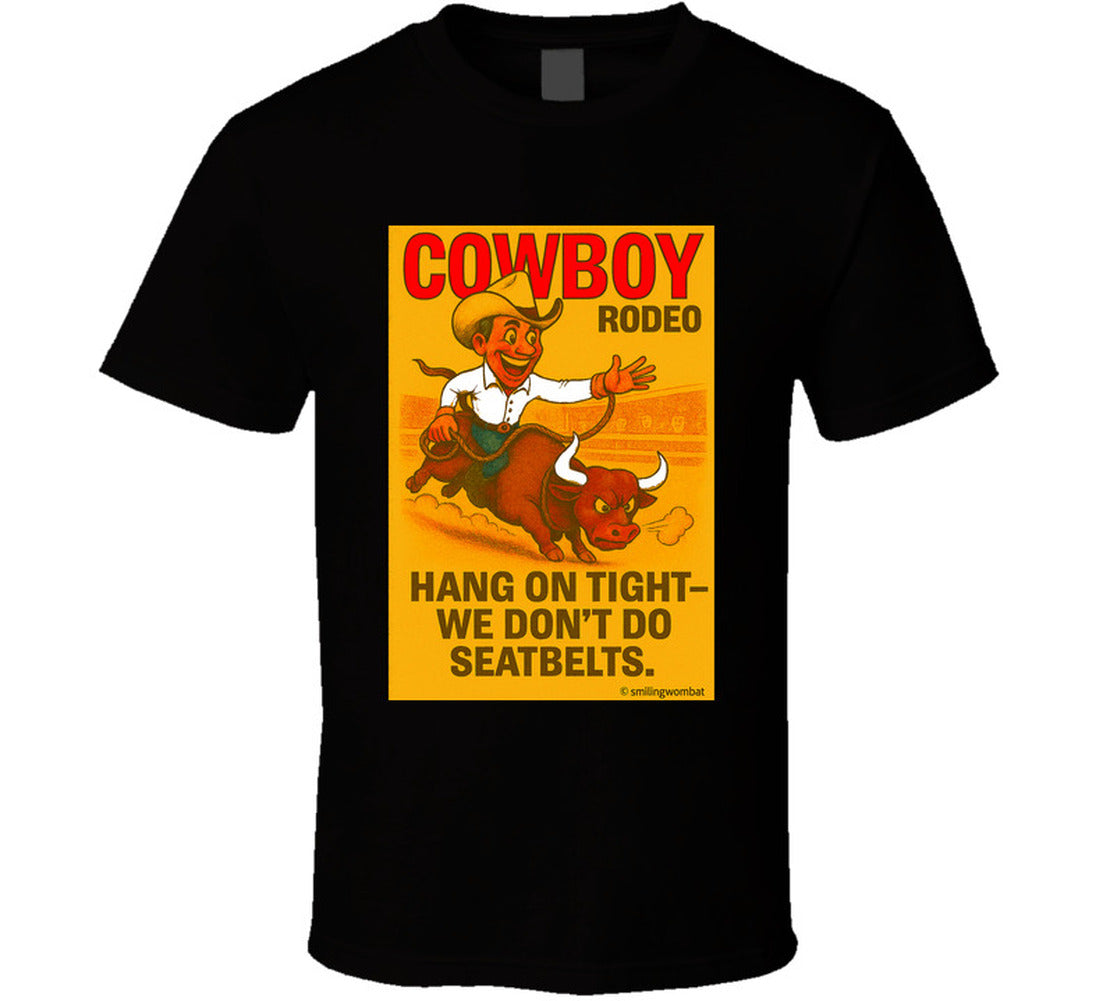 "Funny cowboy rodeo T-shirt – cartoon bull rider graphic by Smiling Wombat"