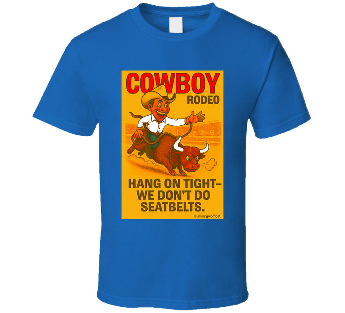 "Funny cowboy rodeo T-shirt – cartoon bull rider graphic by Smiling Wombat"
