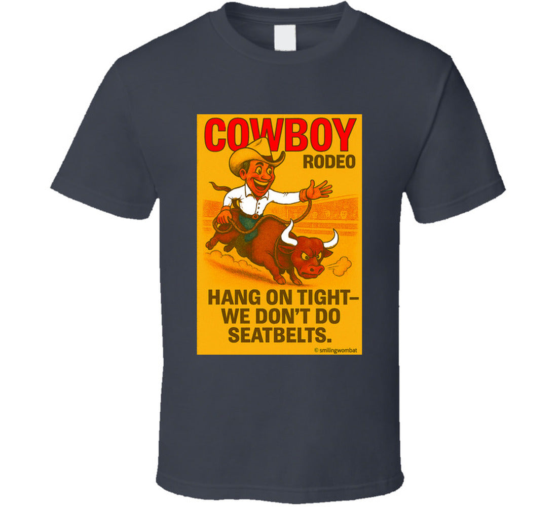 "Funny cowboy rodeo T-shirt – cartoon bull rider graphic by Smiling Wombat"
