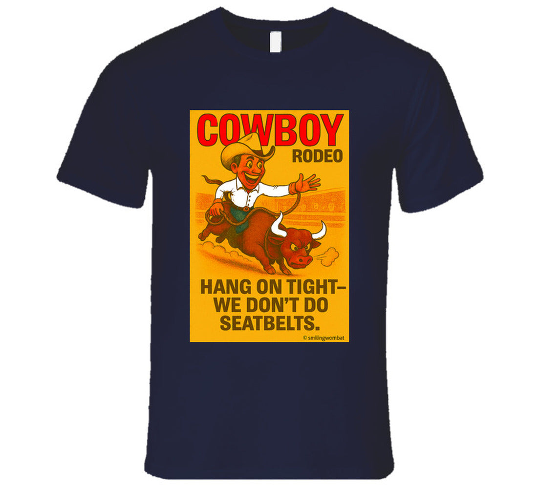 "Funny cowboy rodeo T-shirt – cartoon bull rider graphic by Smiling Wombat"