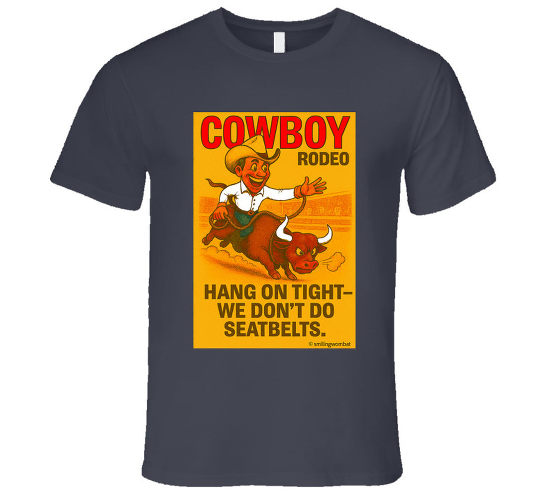 "Funny cowboy rodeo T-shirt – cartoon bull rider graphic by Smiling Wombat"
