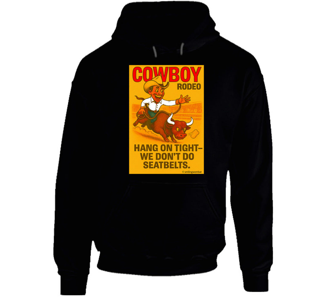 "Western rodeo hoodie – cartoon cowboy bull ride with dust trail art"