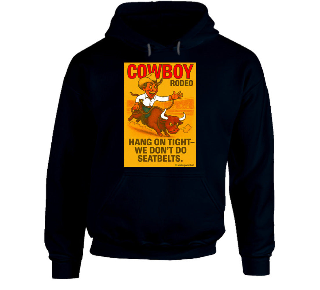 "Western rodeo hoodie – cartoon cowboy bull ride with dust trail art"