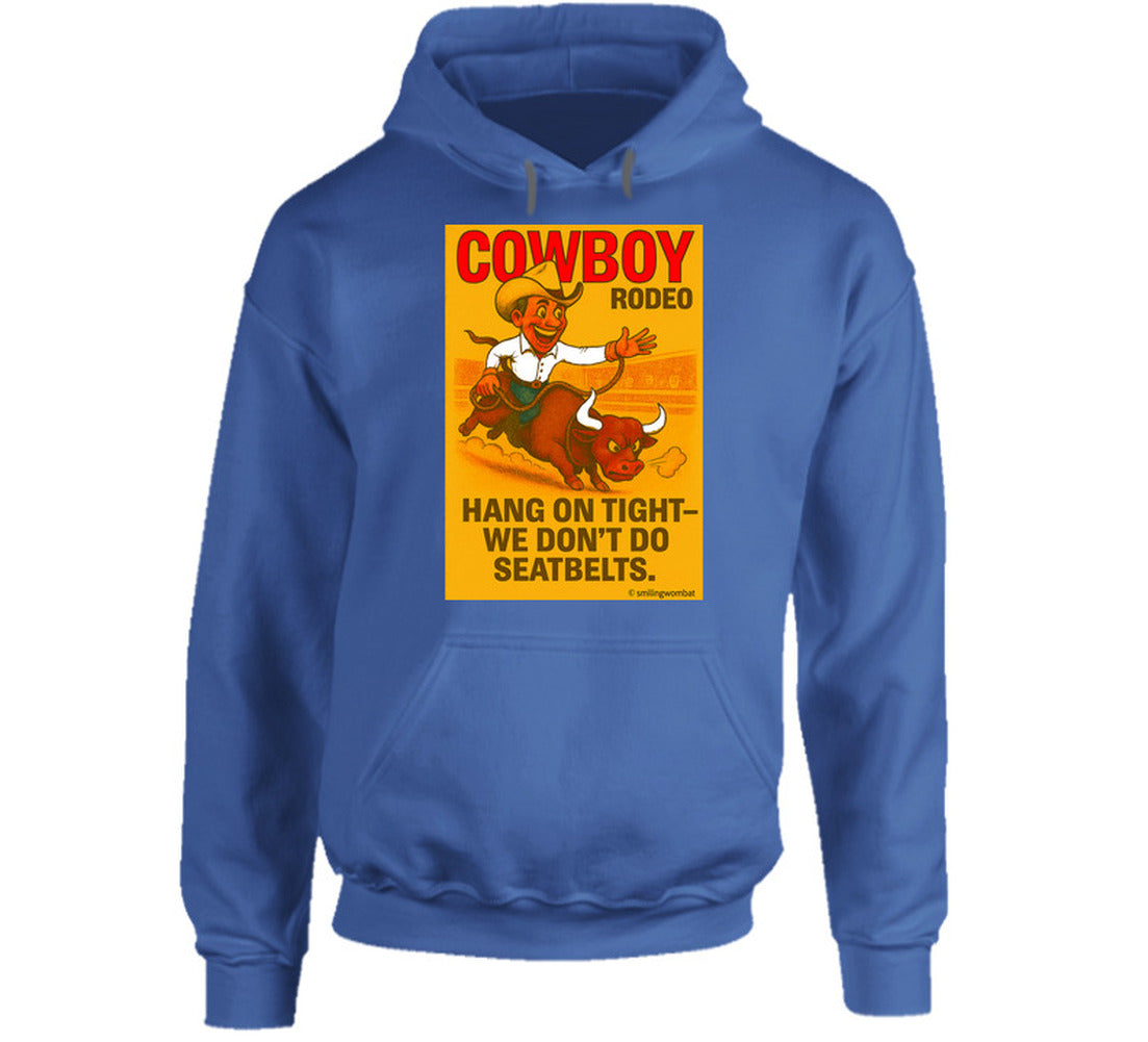 "Western rodeo hoodie – cartoon cowboy bull ride with dust trail art"