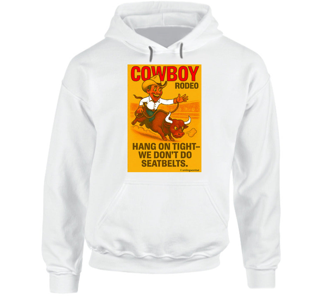 "Western rodeo hoodie – cartoon cowboy bull ride with dust trail art"