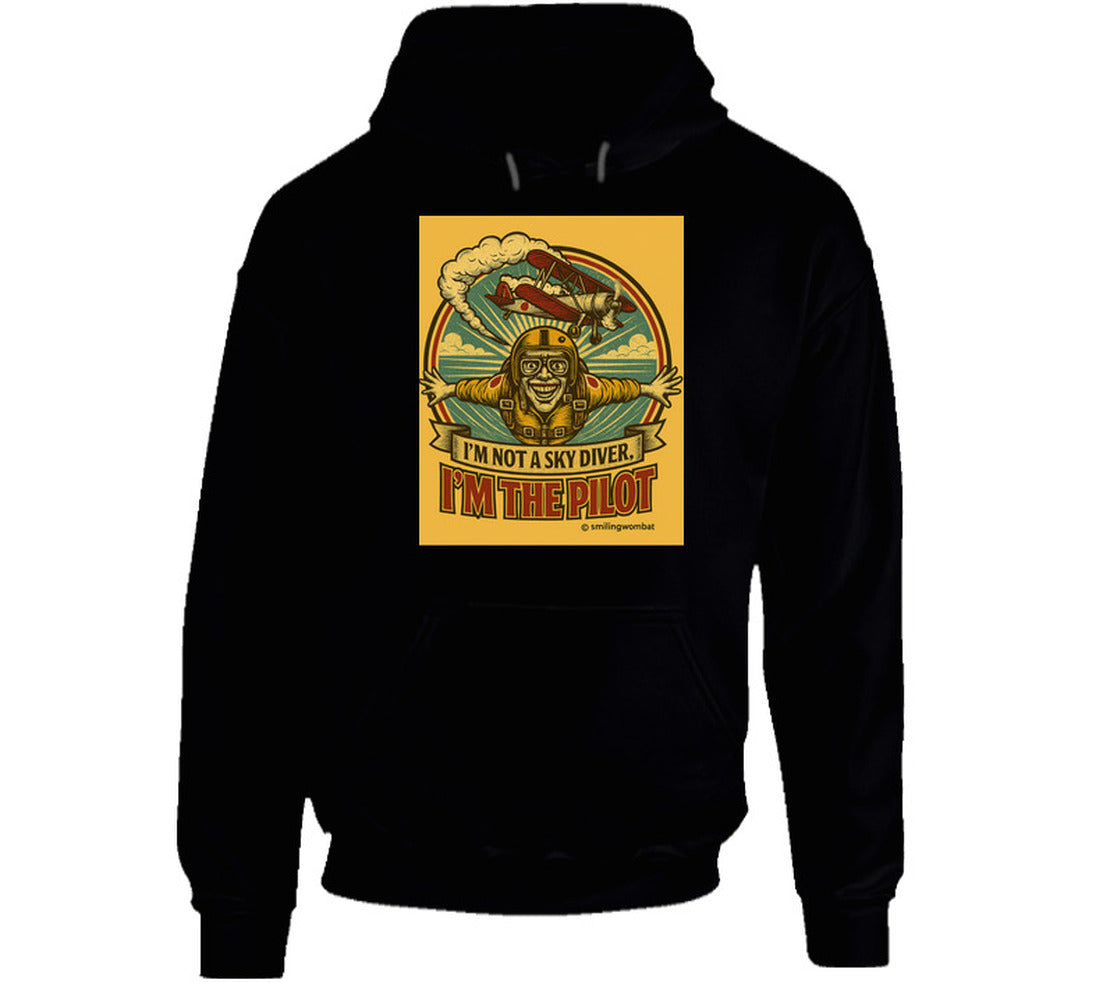 Smiling Wombat 'I'm the Pilot' pullover hoodie – warm aviator hoodie with distressed vintage design