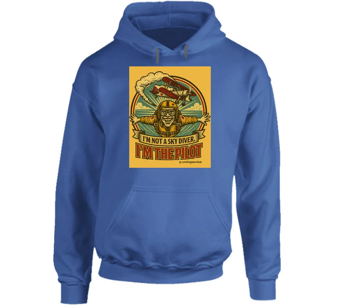 Smiling Wombat 'I'm the Pilot' pullover hoodie – warm aviator hoodie with distressed vintage design