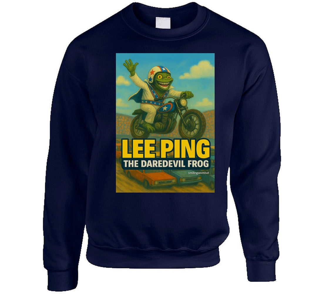 Lee Ping Daredevil Frog Sweatshirt – vintage-style frog stunt illustration