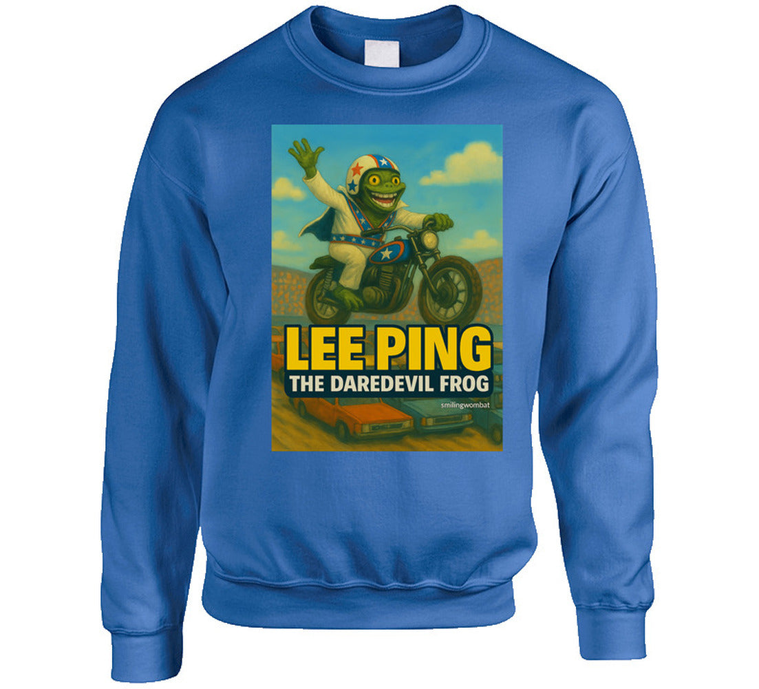 Lee Ping Daredevil Frog Sweatshirt – vintage-style frog stunt illustration