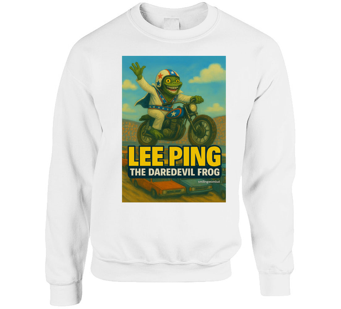 Lee Ping Daredevil Frog Sweatshirt – vintage-style frog stunt illustration