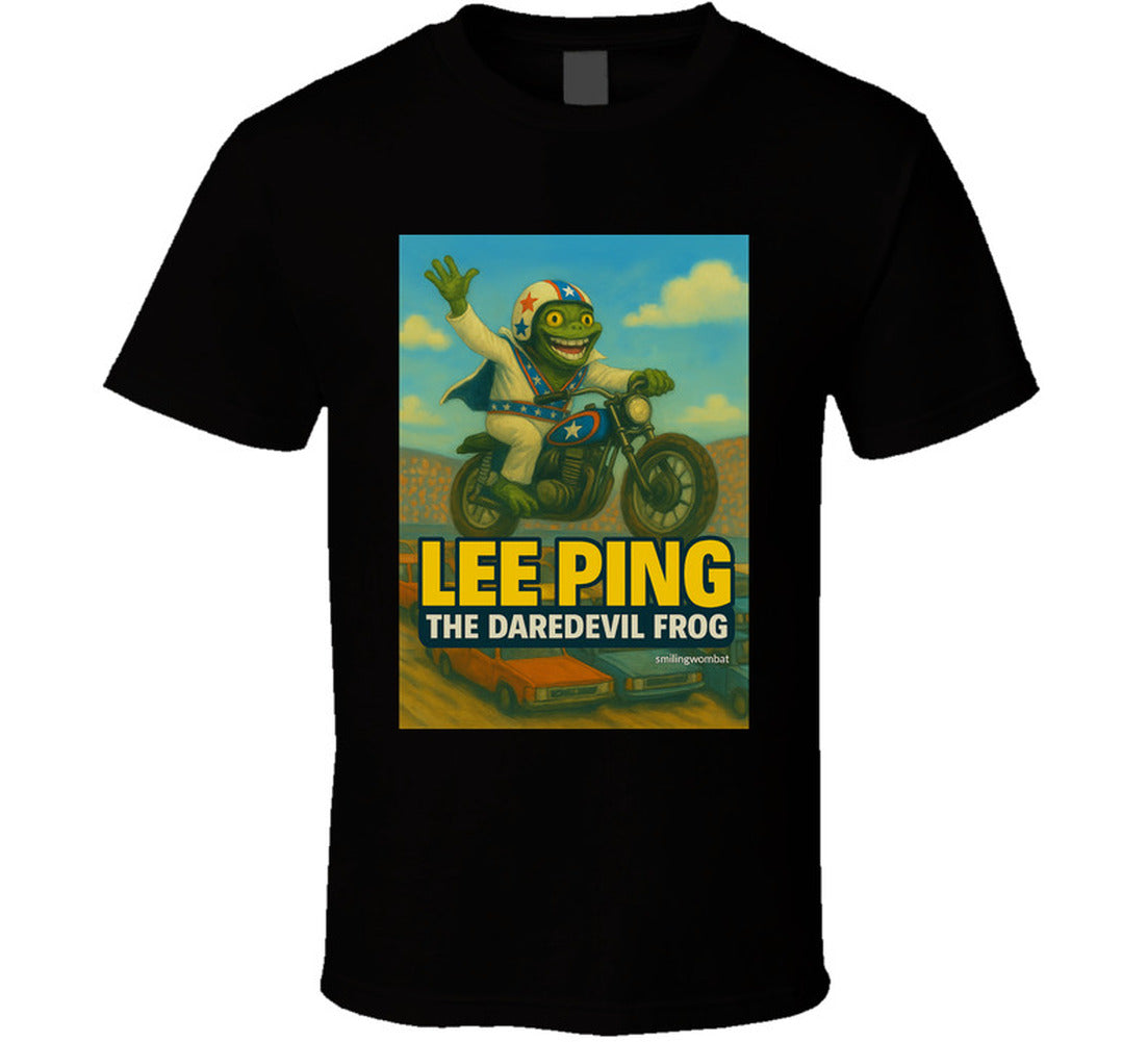 Lee Ping Daredevil Frog T-shirt – cartoon frog jumping motorcycle over cars