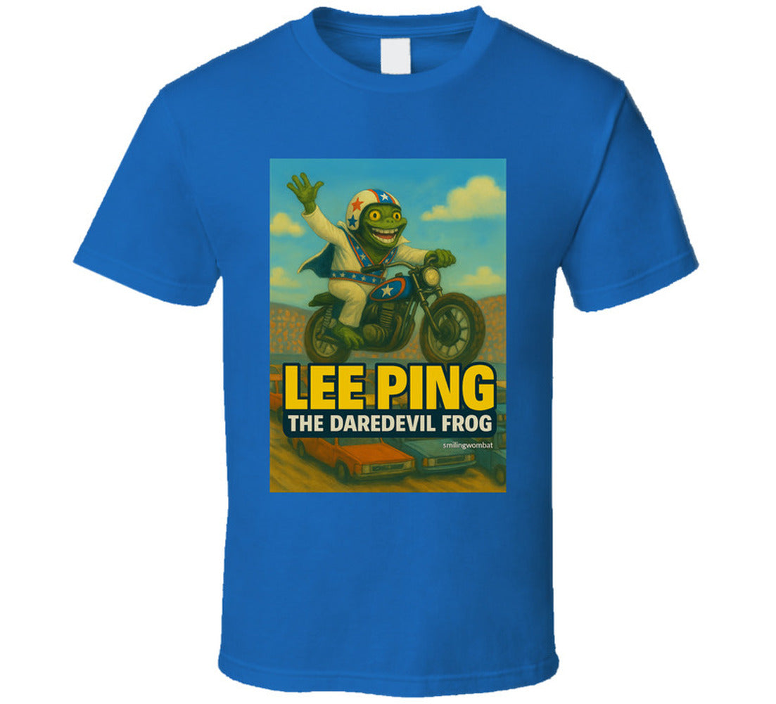 Lee Ping Daredevil Frog T-shirt – cartoon frog jumping motorcycle over cars