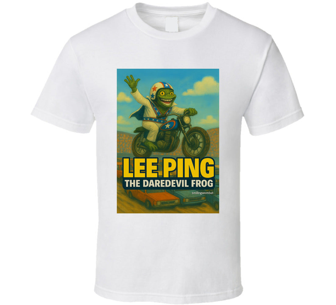 Lee Ping Daredevil Frog T-shirt – cartoon frog jumping motorcycle over cars