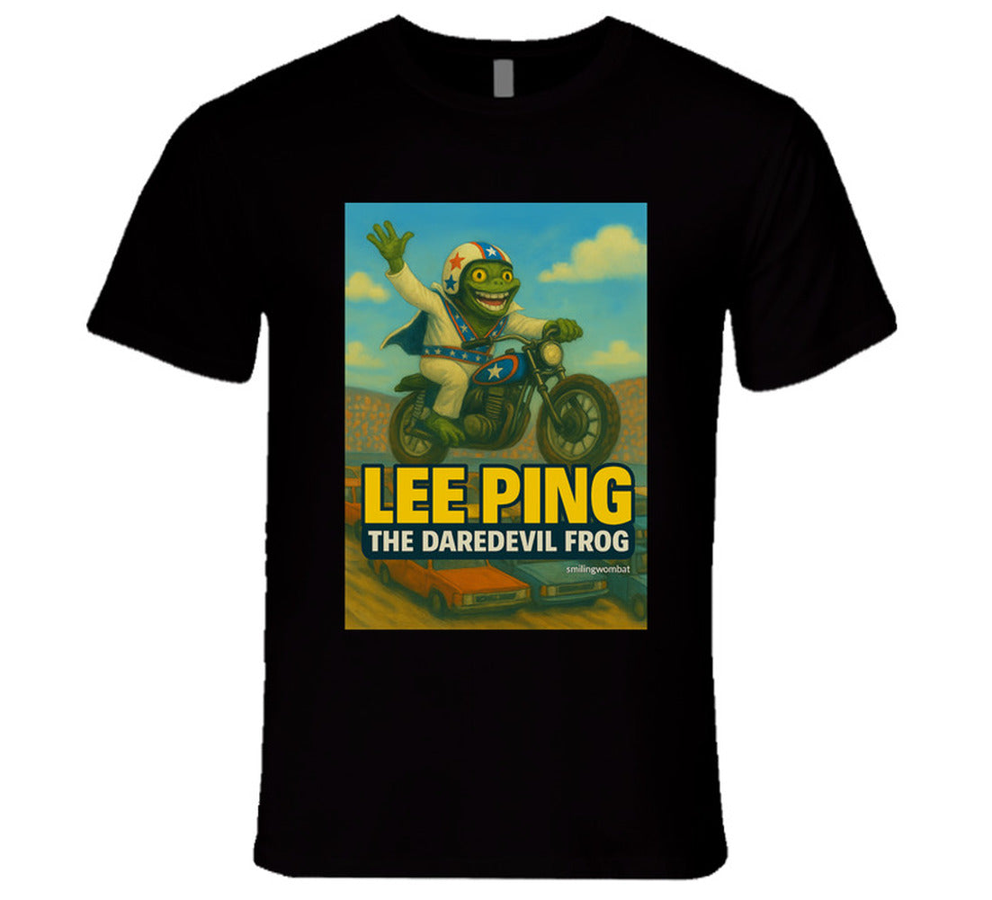 Lee Ping Daredevil Frog T-shirt – cartoon frog jumping motorcycle over cars
