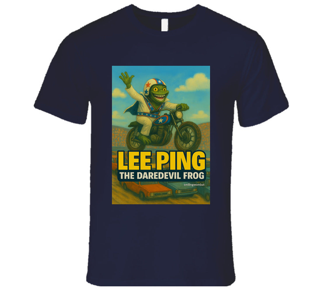 Lee Ping Daredevil Frog T-shirt – cartoon frog jumping motorcycle over cars