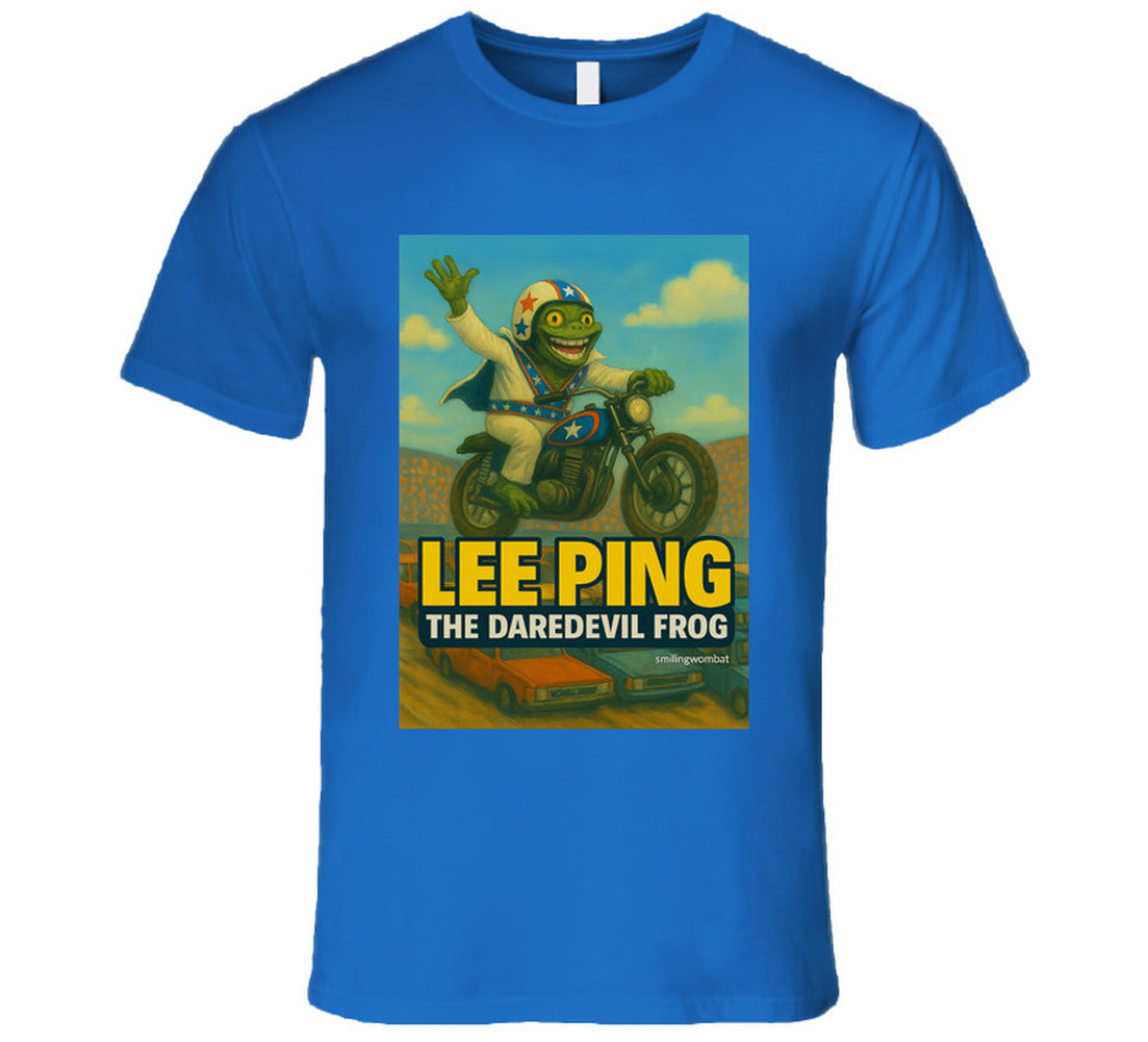 Lee Ping Daredevil Frog T-shirt – cartoon frog jumping motorcycle over cars