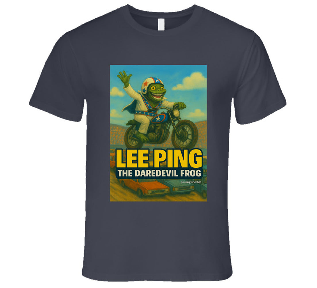 Lee Ping Daredevil Frog T-shirt – cartoon frog jumping motorcycle over cars