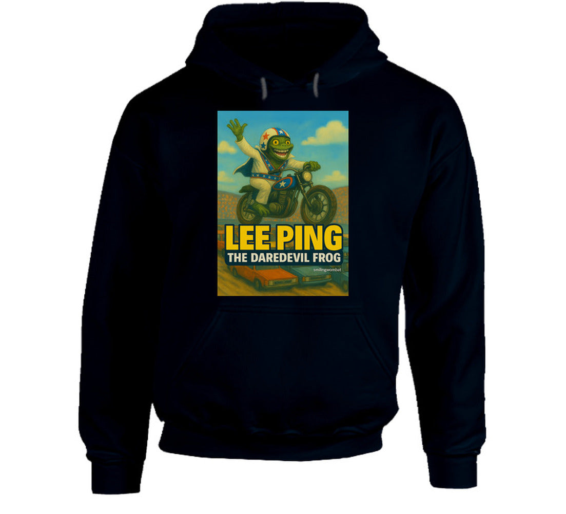 Lee Ping Daredevil Frog Hoodie – whimsical frog daredevil mid-air on motorcycle