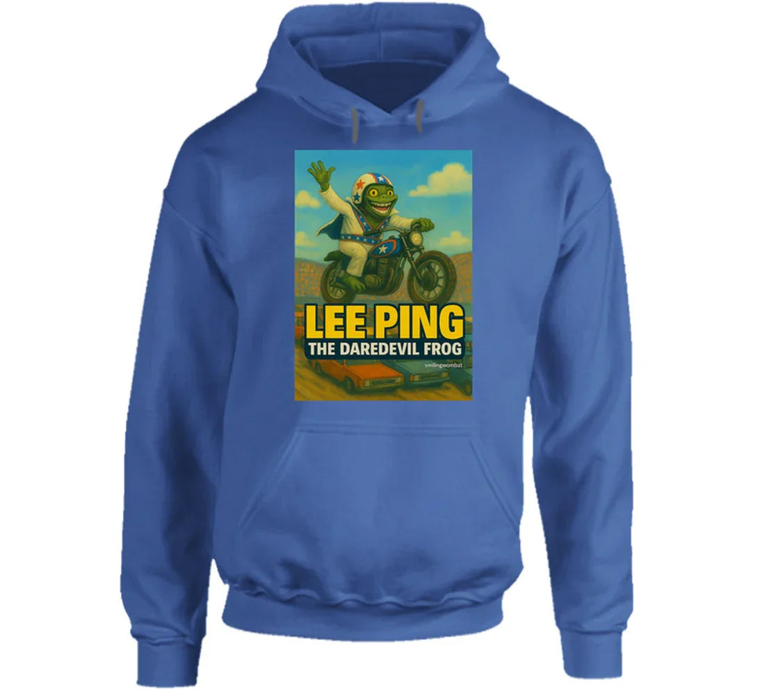 Lee Ping Daredevil Frog Hoodie – whimsical frog daredevil mid-air on motorcycle