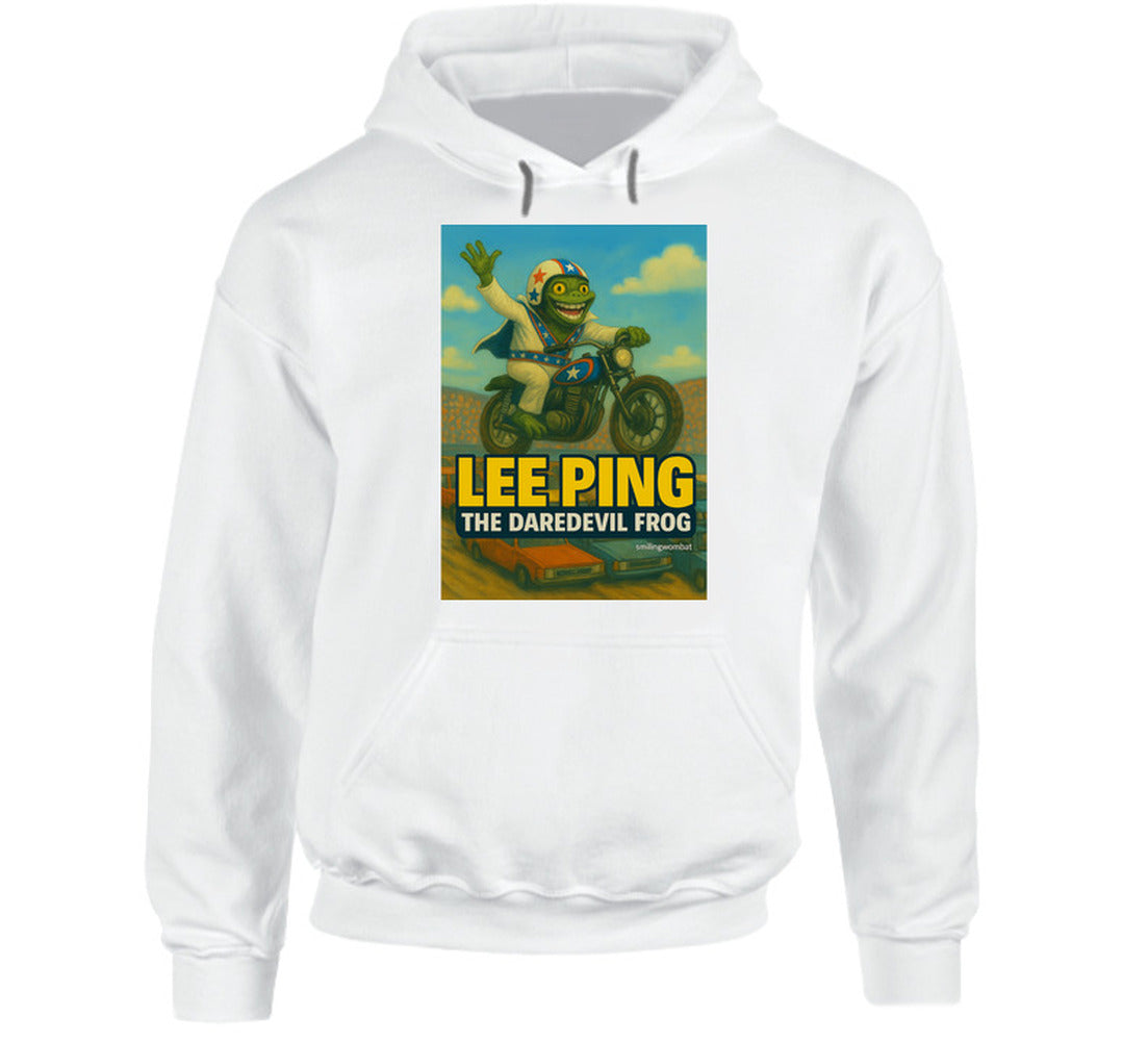 Lee Ping Daredevil Frog Hoodie – whimsical frog daredevil mid-air on motorcycle