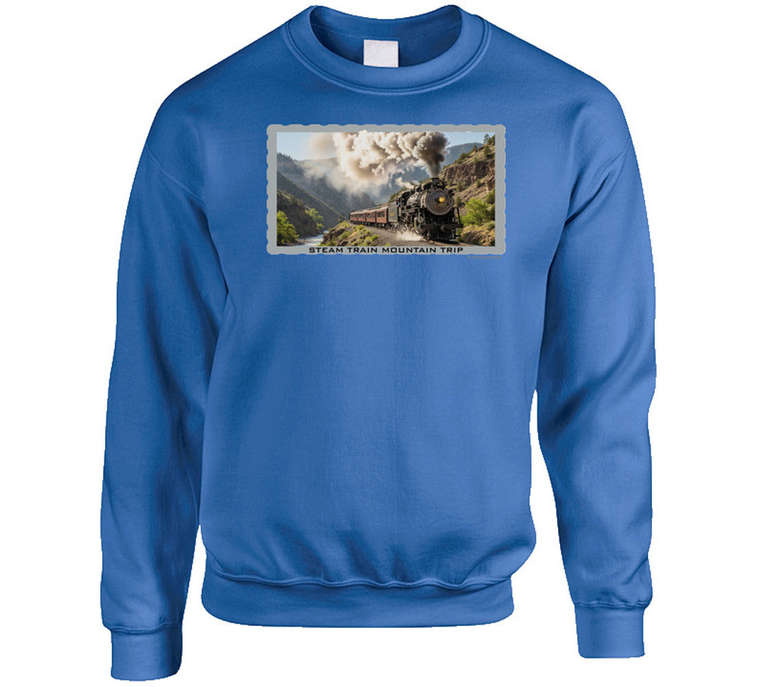 Cozy sweatshirt featuring steam locomotive in scenic mountain setting