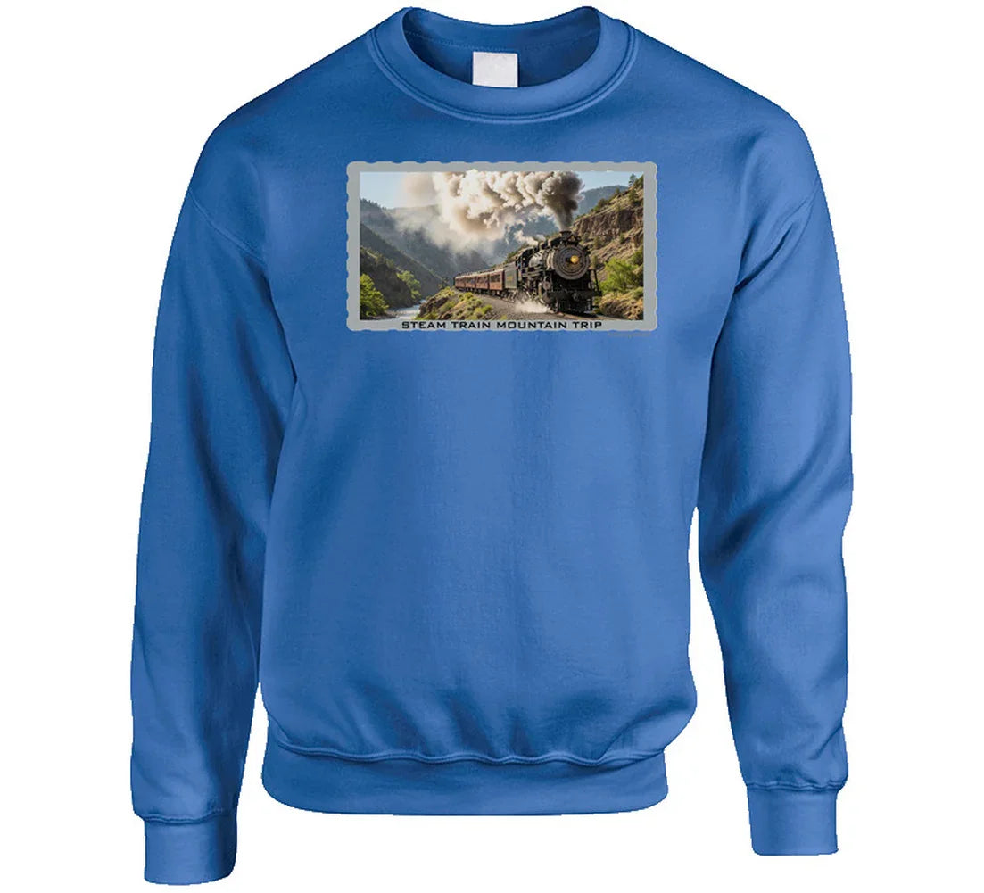 Cozy sweatshirt featuring steam locomotive in scenic mountain setting