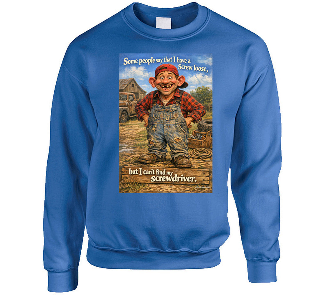 “Humorous sweatshirt featuring cartoon man in coveralls – Smiling Wombat style”
