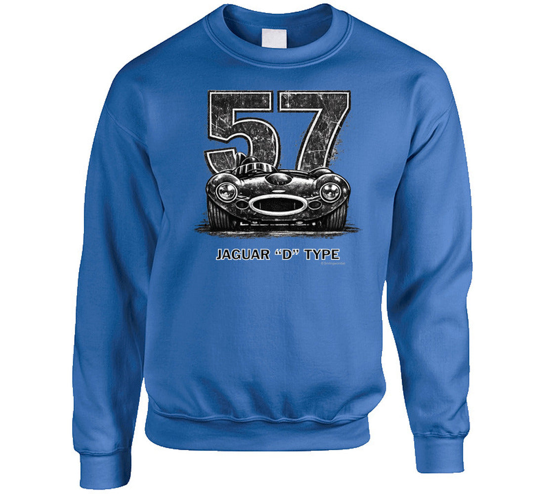 "1957 Jaguar D-Type classic car sweatshirt featuring retro distressed racing design in black and white"