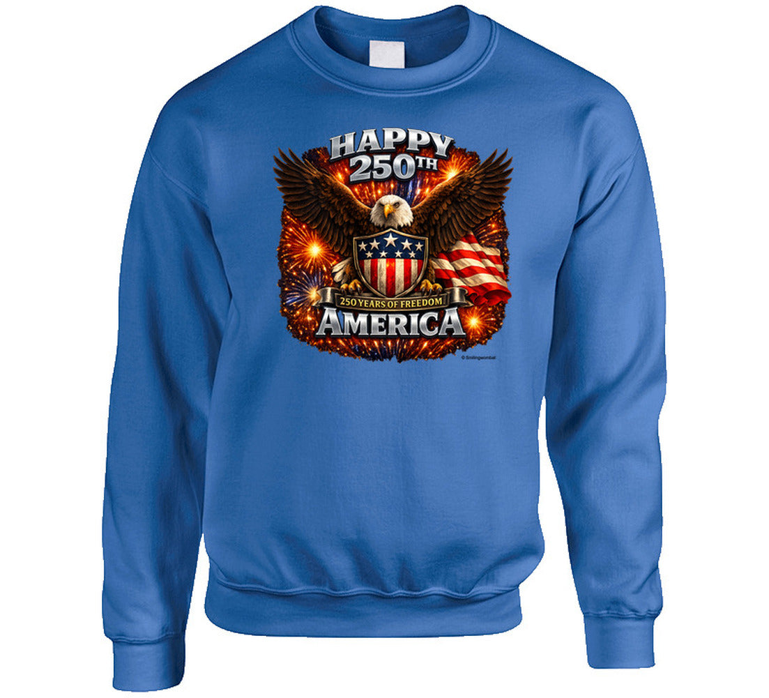 Royal blue USA 250th Birthday Sweatshirt with eagle and stars — patriotic American apparel