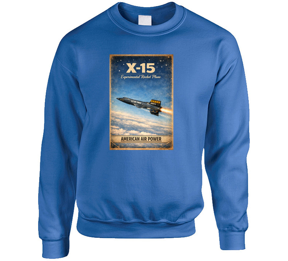 X-15 Rocket Plane royal blue sweatshirt — American Air Power distressed vintage graphic