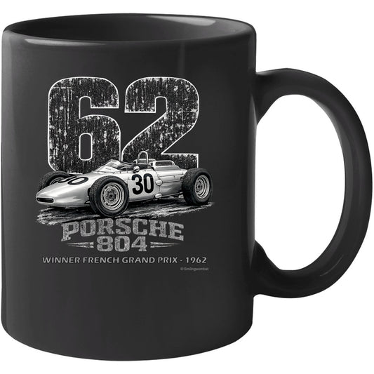 Porsche 804 F1 1962 French Grand Prix bold distressed art on black ceramic coffee mug