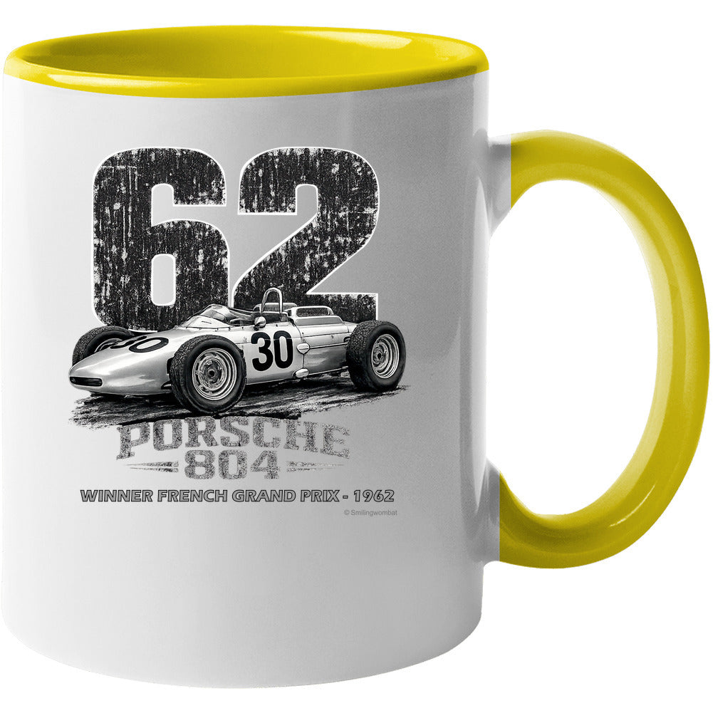 Porsche 804 F1 1962 vintage racing coffee mug white with yellow accent handle and rim