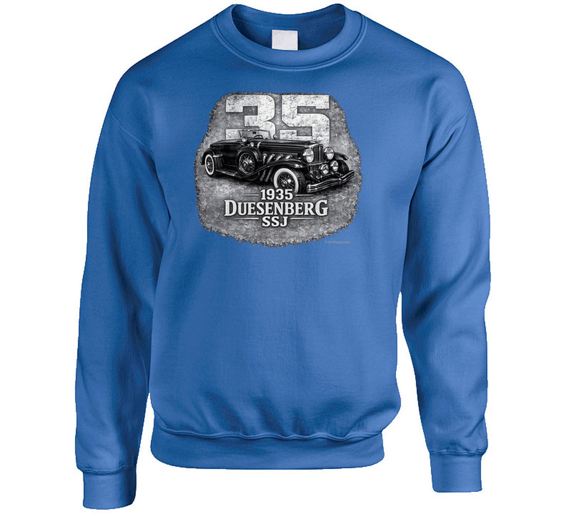 1935 Duesenberg SSJ classic car graphic sweatshirt in royal blue with retro styling