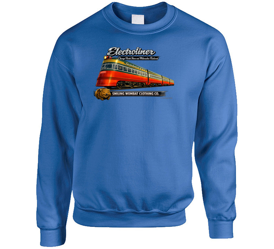 Electroliner vintage train Sweat shirt in Royal Blue – Chicago to Milwaukee railroad art by Smiling Wombat Clothing Co.