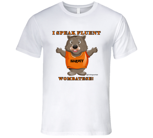 Multilingual Meaning Harvey Speaks Wombatese and other Languages T-Shirt - Smiling Wombat