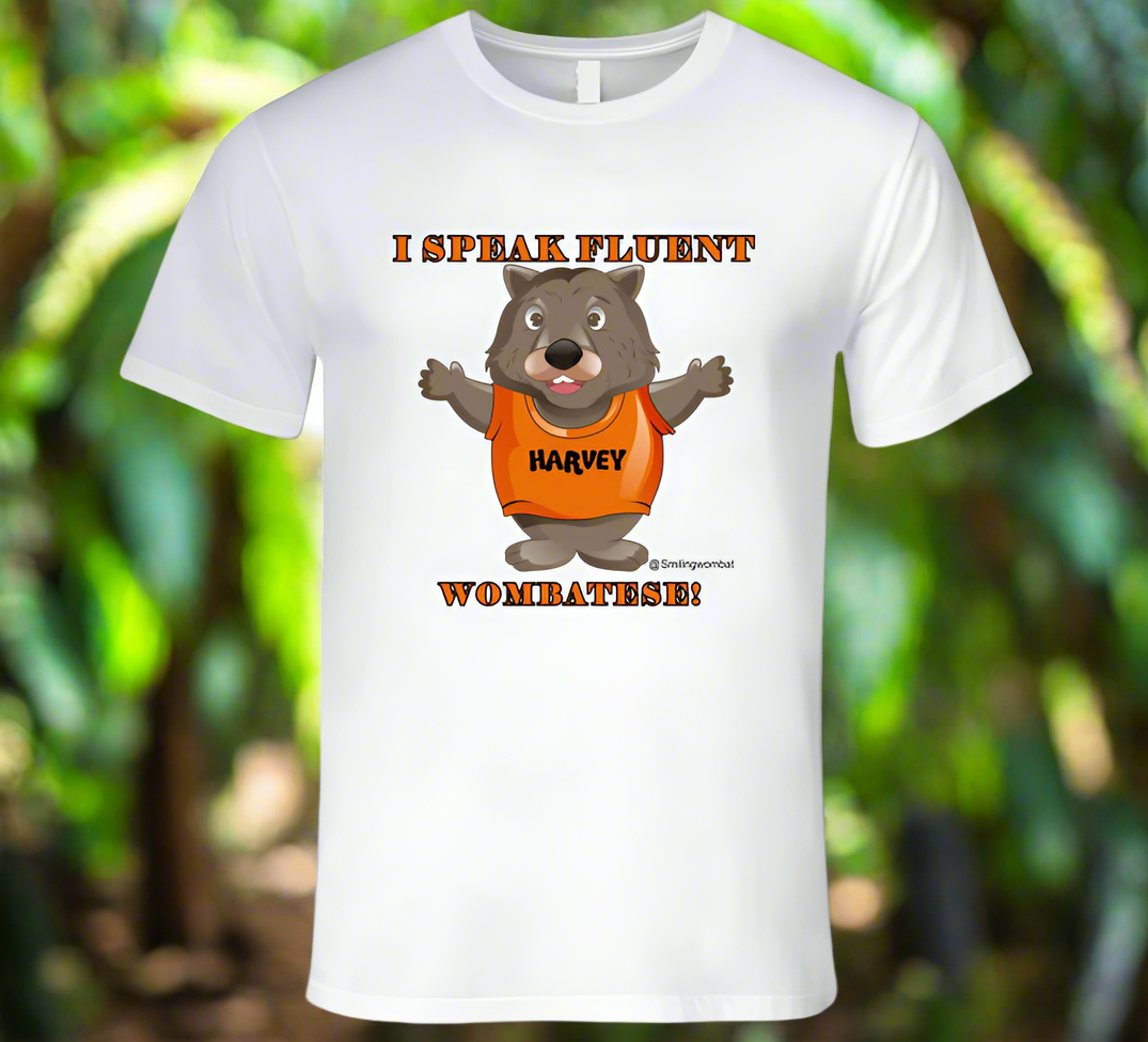 Multilingual Meaning Harvey Speaks Wombatese and other Languages T-Shirt - Smiling Wombat