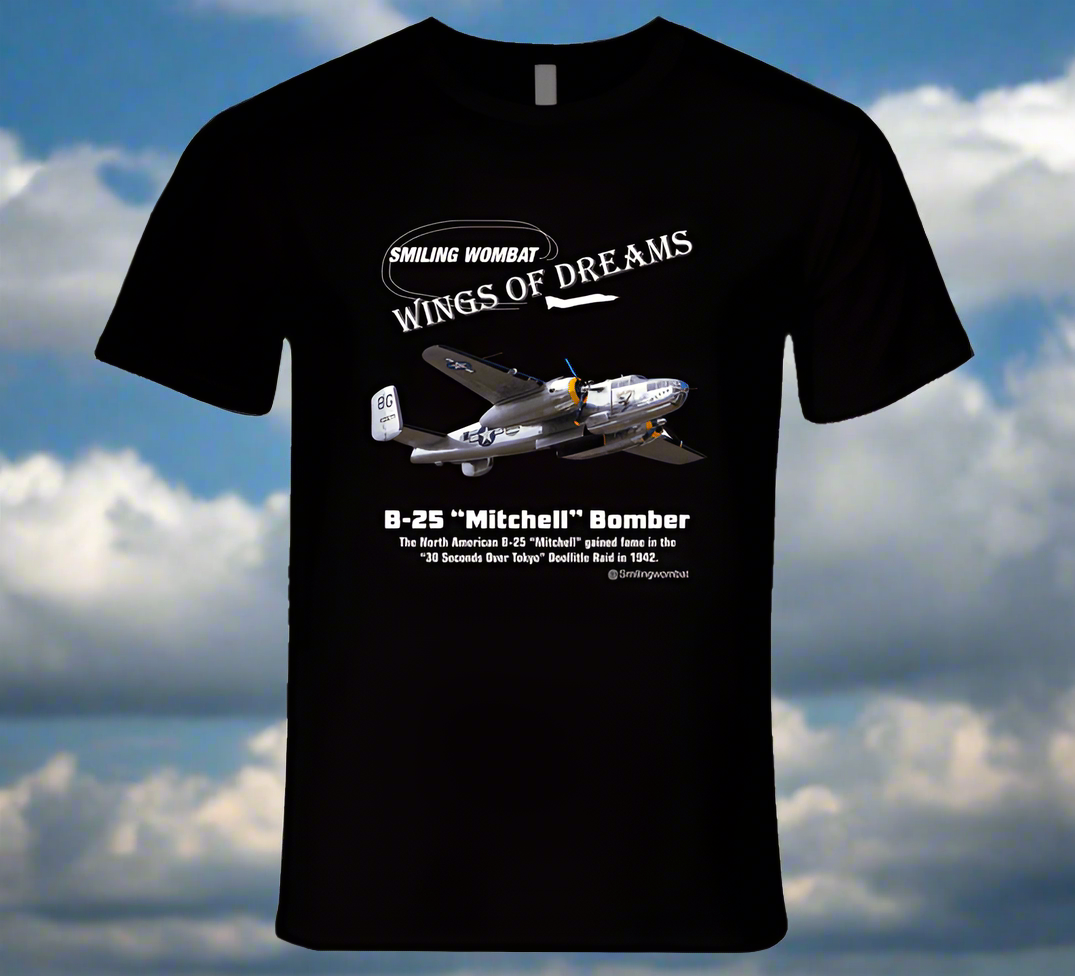 North American B25 Mitchell Bomber - Black/Navy T Shirt T-Shirt Smiling Wombat