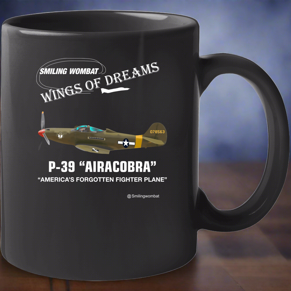 P39 Airacobra- Black Ceramic Coffee Mug - Smiling Wombat