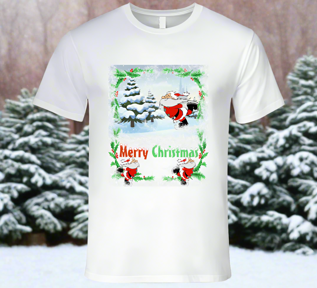 Merry Christmas Skating Santa T-Shirt and Sweatshirt collection - Smiling Wombat