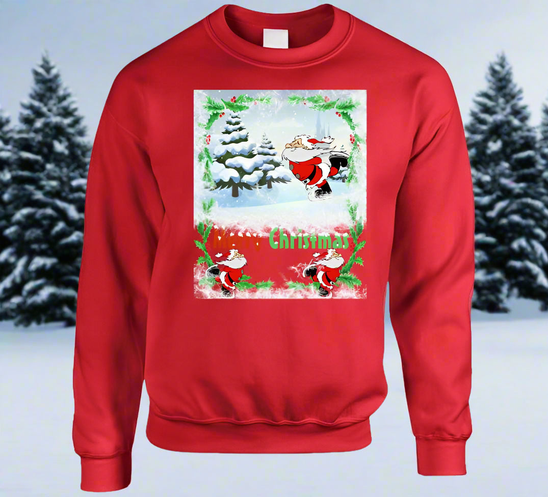 Merry Christmas Skating Santa T-Shirt and Sweatshirt collection - Smiling Wombat