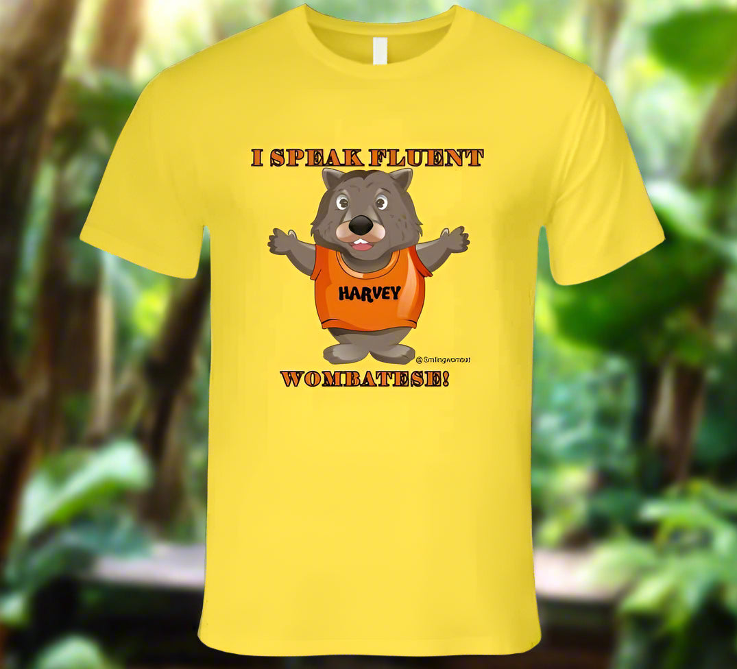 Multilingual Meaning Harvey Speaks Wombatese and other Languages T-Shirt - Smiling Wombat