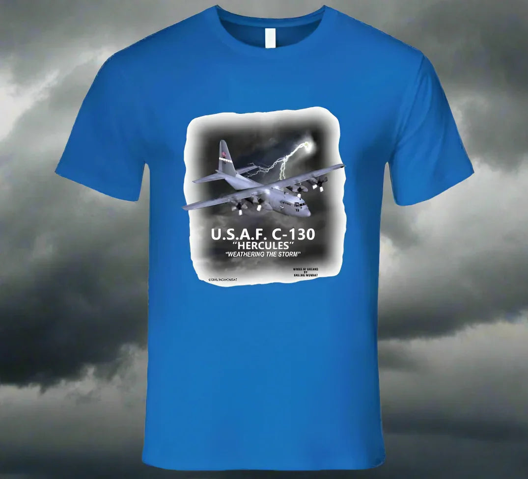 Smiling Wombat exclusive C‑130 Hercules T‑shirt with detailed digital aircraft graphic on premium Royal Blue cotton.