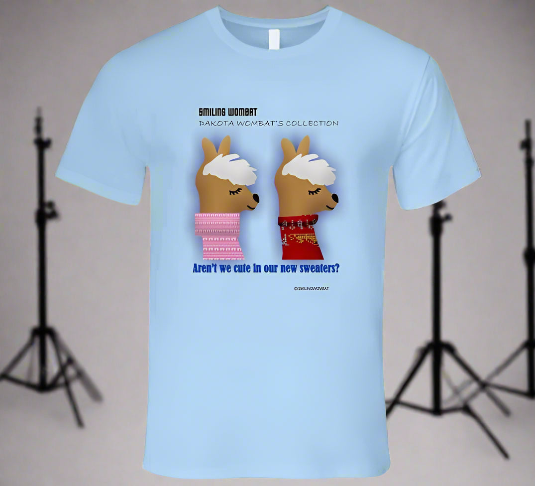 Cute Llamas - Chuck and Lenny, the Twin Llamas Wearing Sweaters - T-Shirt - Smiling Wombat