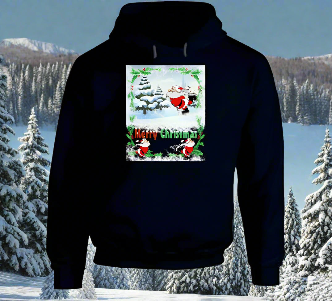 Merry Christmas Skating Santa T-Shirt and Sweatshirt collection - Smiling Wombat